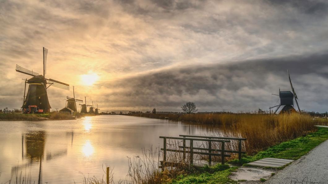 Oude windmolens in Hollands waterlandschap